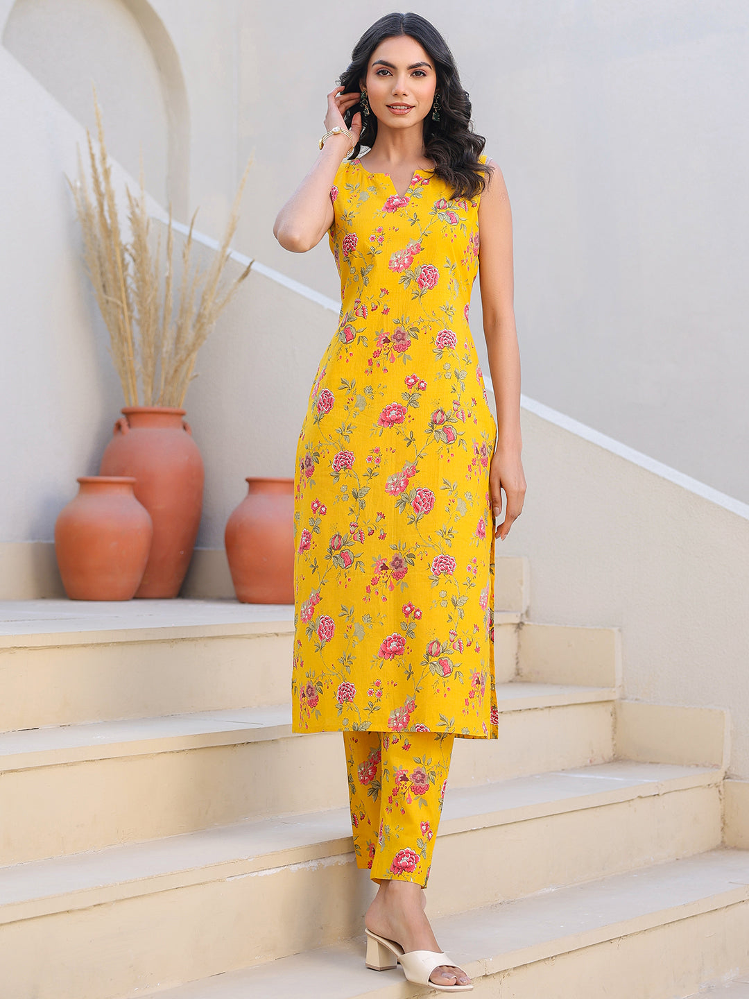 Yellow Pure Cotton Floral Printed Straight Kurta Pant Set