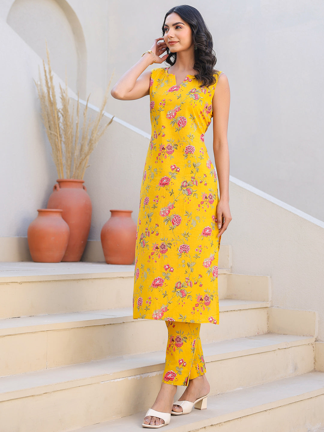 Yellow Pure Cotton Floral Printed Straight Kurta Pant Set