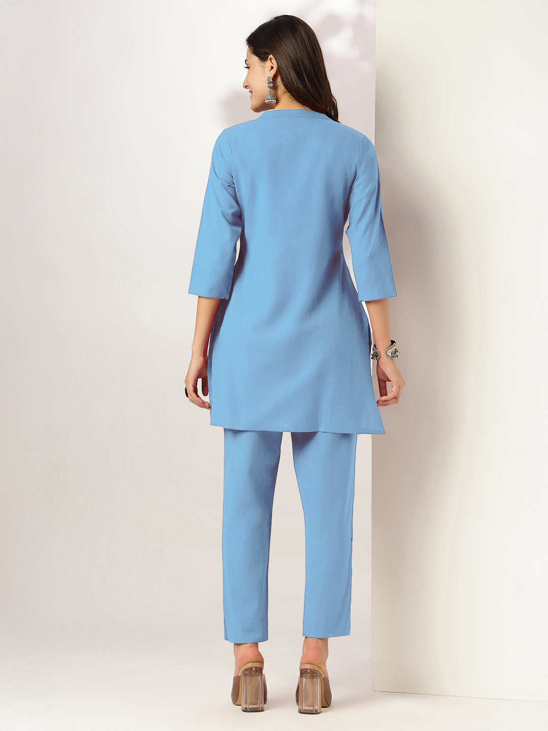 Janasya Women's Light Blue Cotton Solid A-line Co-ord Set