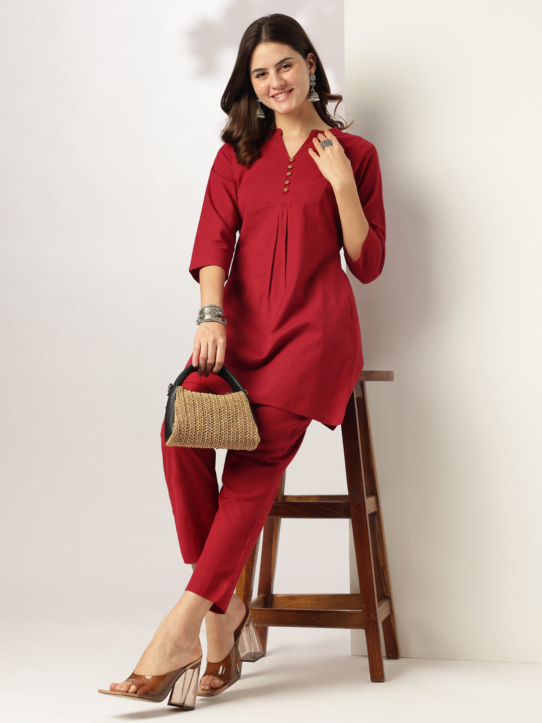 Maroon Cotton Solid A-line Co-ord Set