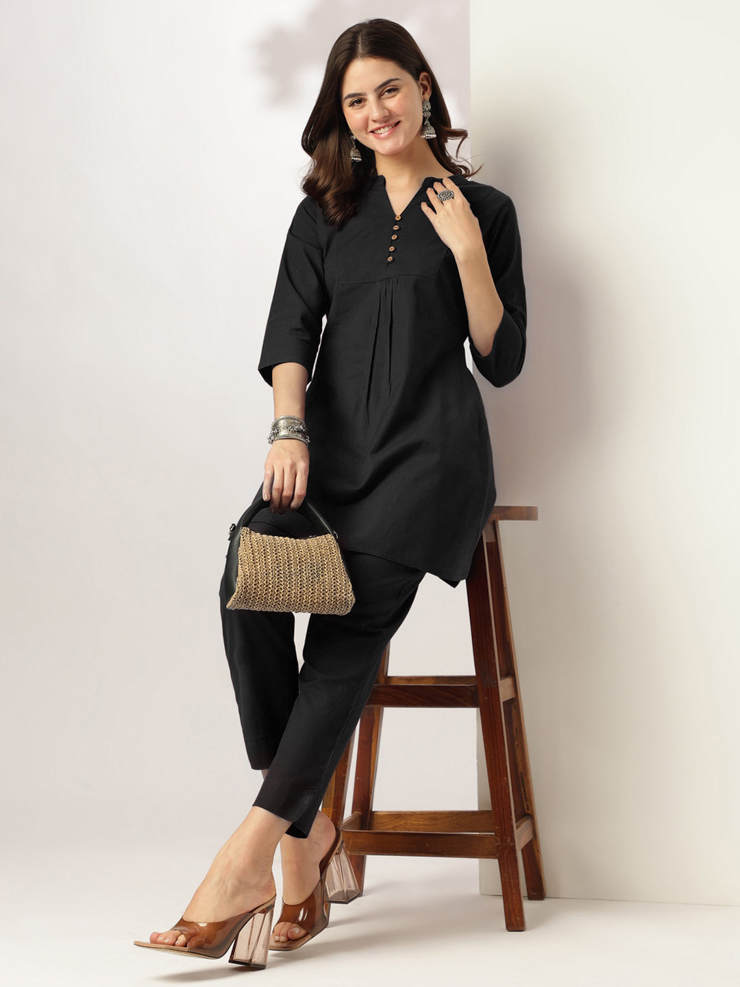 Janasya Women's Black Cotton Solid A-line Co-ord Set