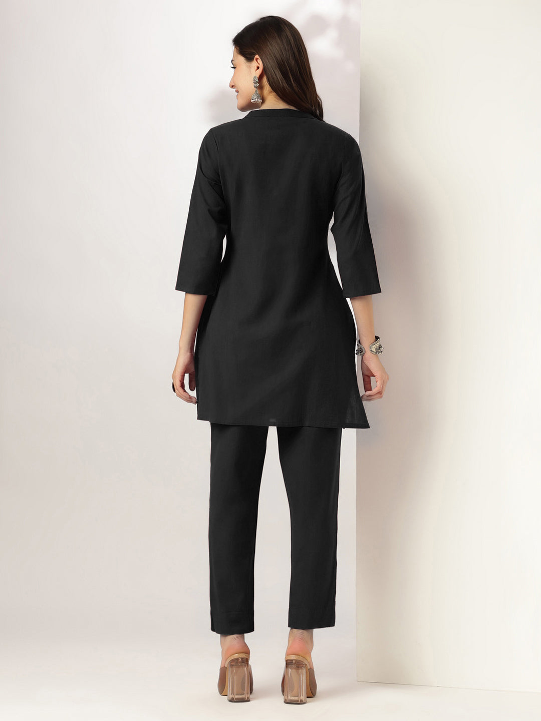 Janasya Women's Black Cotton Solid A-line Co-ord Set