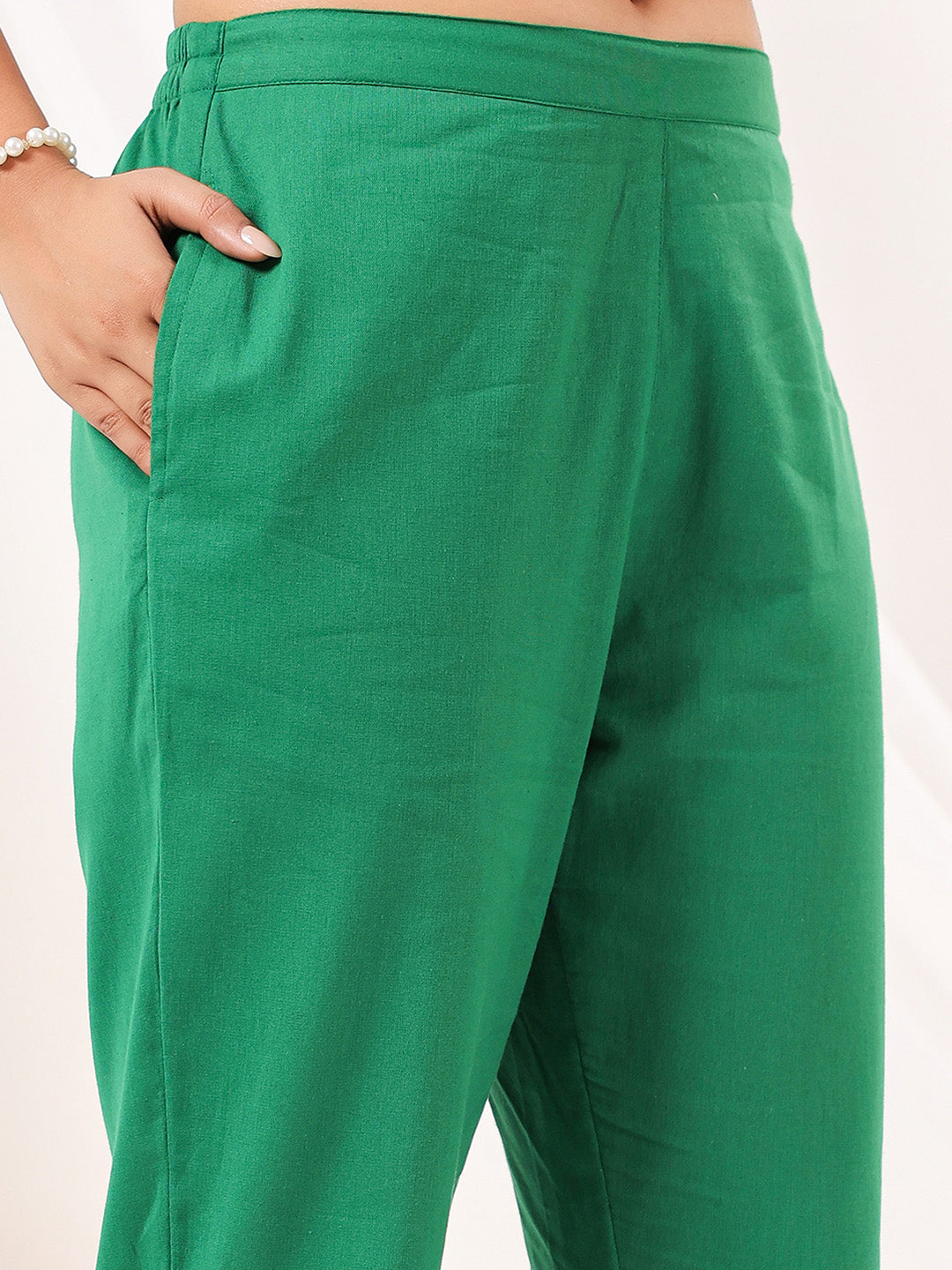 Janasya Women's Green Linen Cotton Solid Straight Kurta Pant Set
