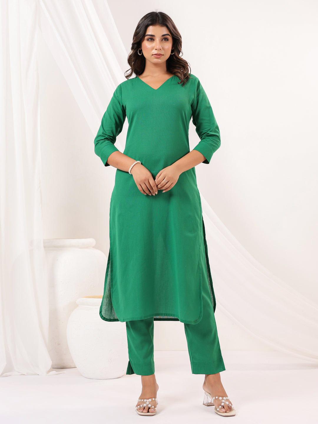 Janasya Women's Green Linen Cotton Solid Straight Kurta Pant Set