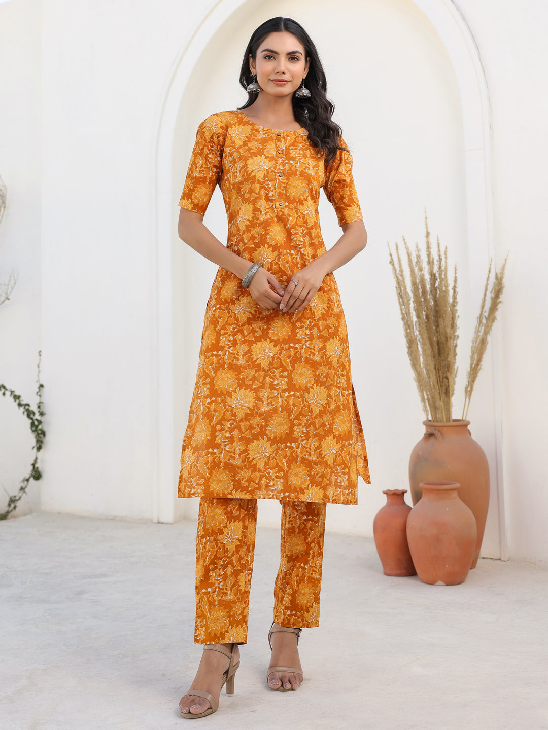 Mustard Pure Cotton Floral Printed Straight Kurta Pant Set