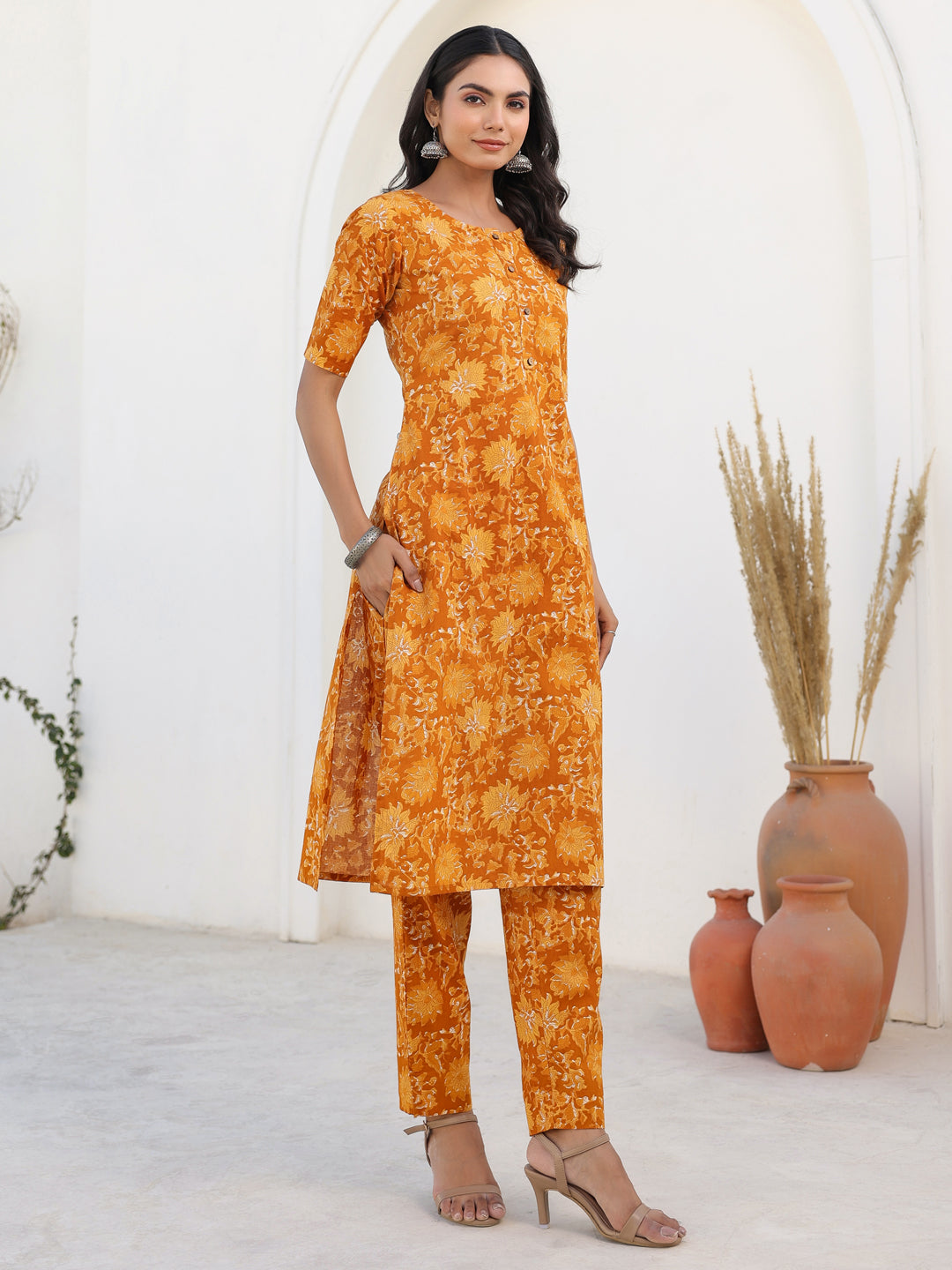 Mustard Pure Cotton Floral Printed Straight Kurta Pant Set