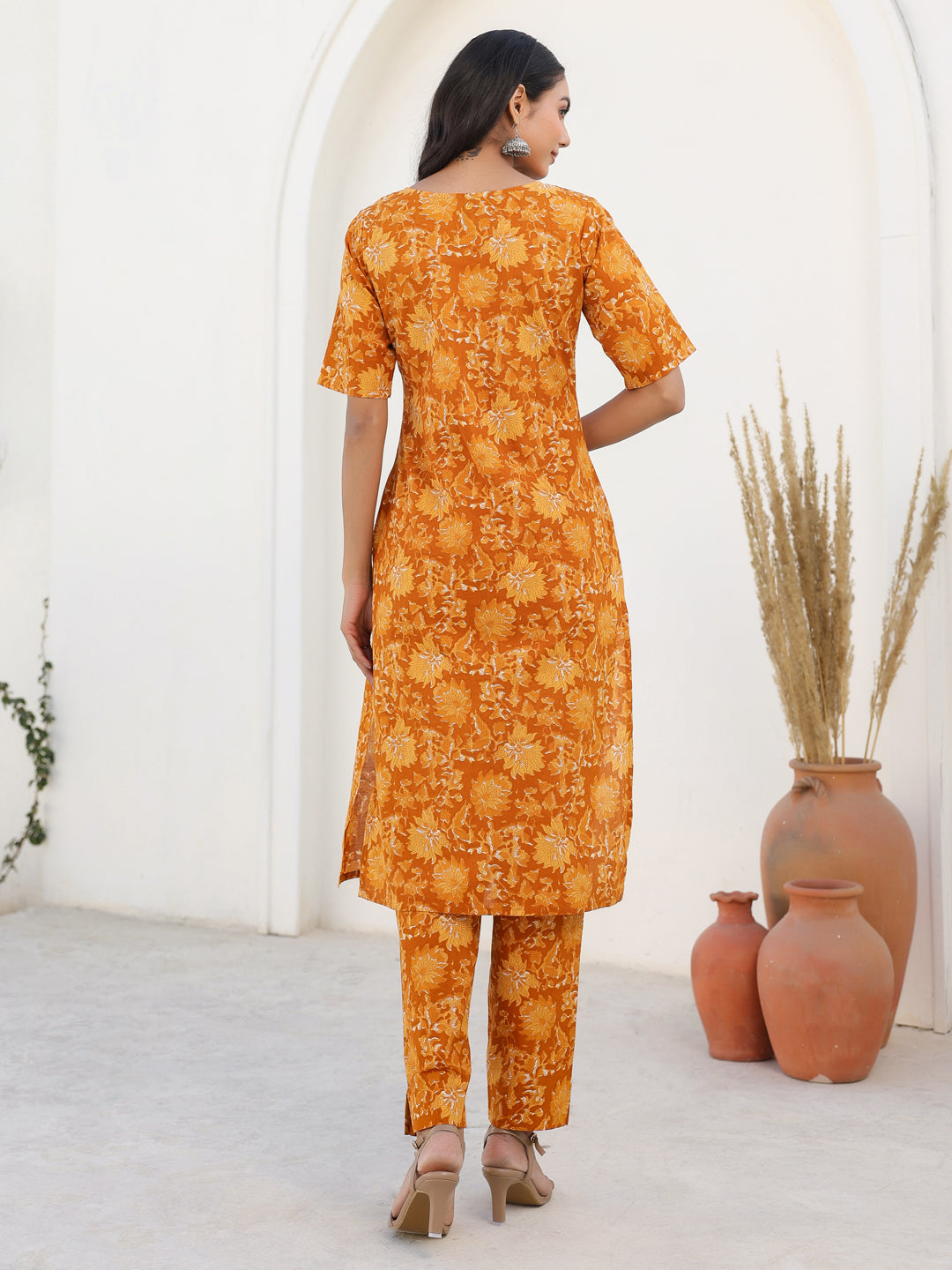 Mustard Pure Cotton Floral Printed Straight Kurta Pant Set