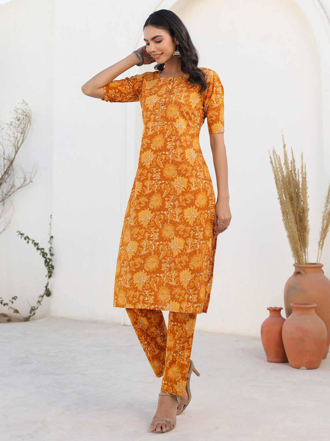 Mustard Pure Cotton Floral Printed Straight Kurta Pant Set