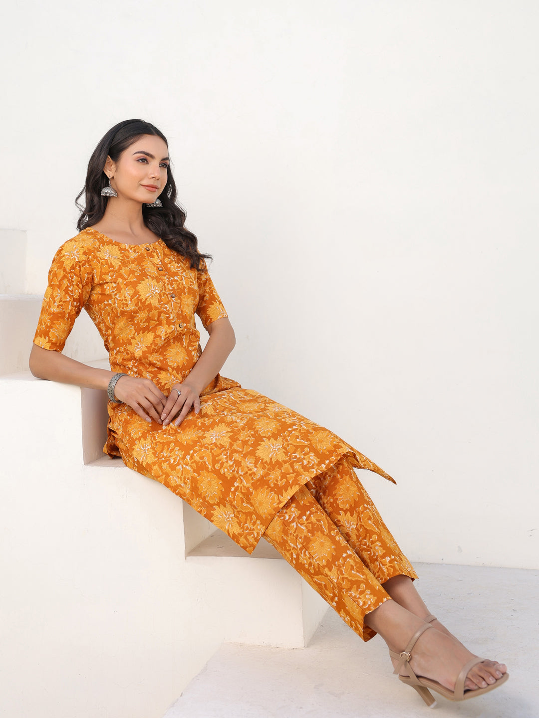 Mustard Pure Cotton Floral Printed Straight Kurta Pant Set