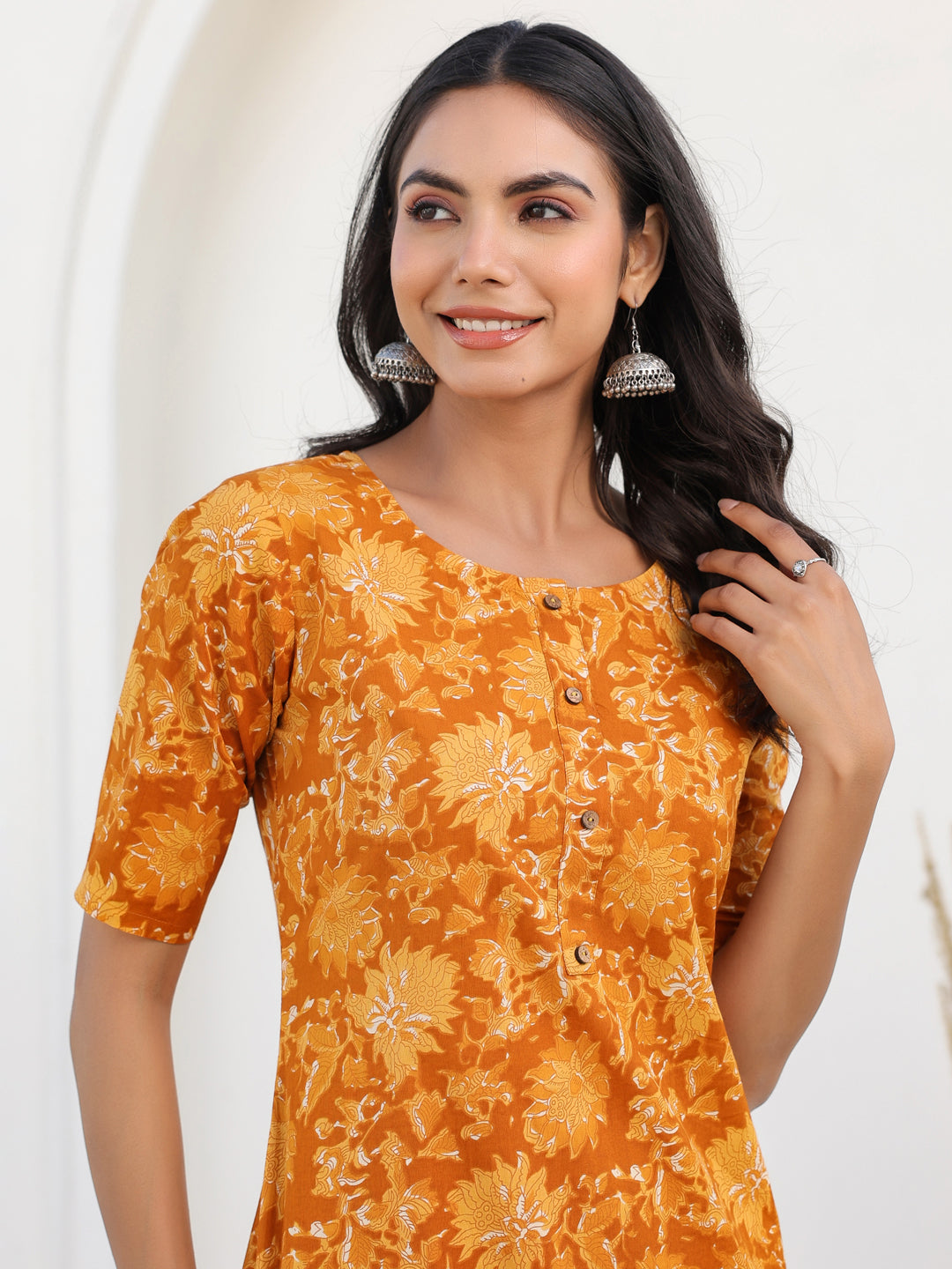 Mustard Pure Cotton Floral Printed Straight Kurta Pant Set