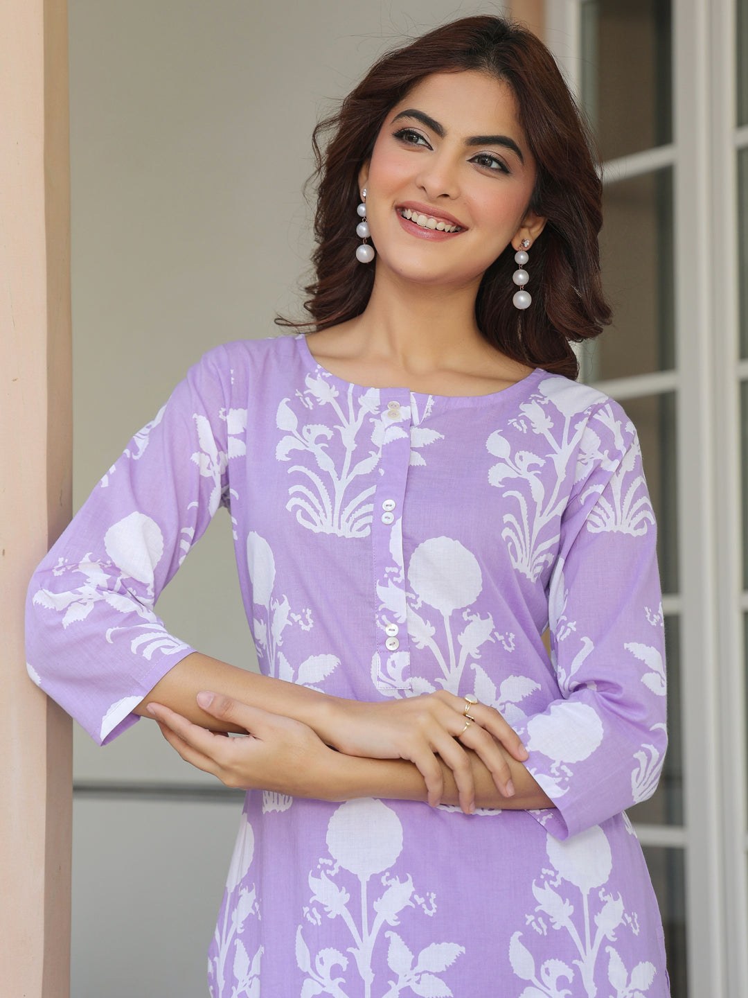 Lavender Pure Cotton Floral Printed Straight Kurta Pant Set