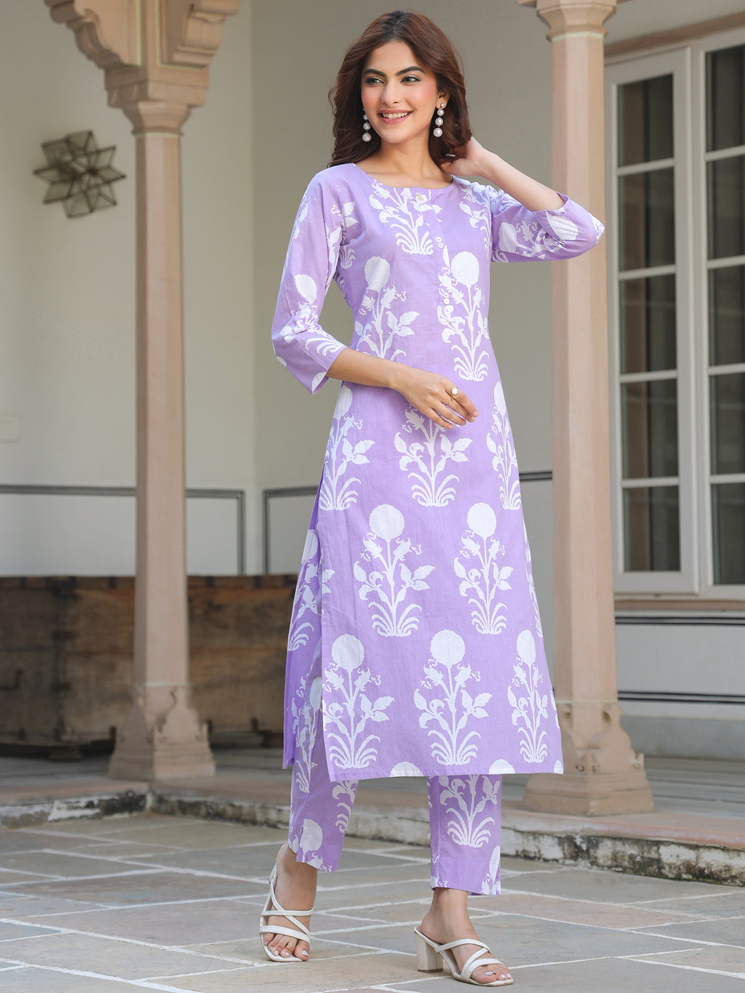 Lavender Pure Cotton Floral Printed Straight Kurta Pant Set