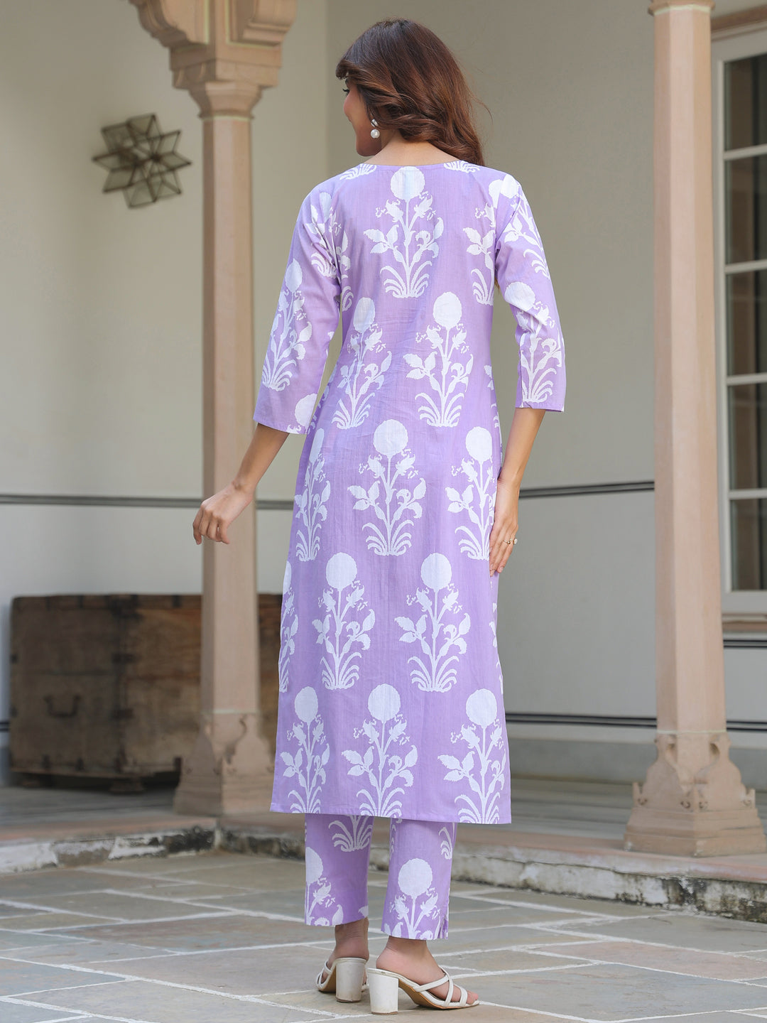 Lavender Pure Cotton Floral Printed Straight Kurta Pant Set