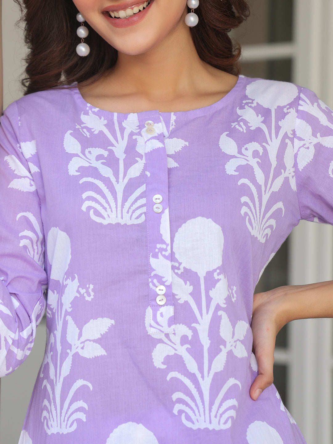 Lavender Pure Cotton Floral Printed Straight Kurta Pant Set