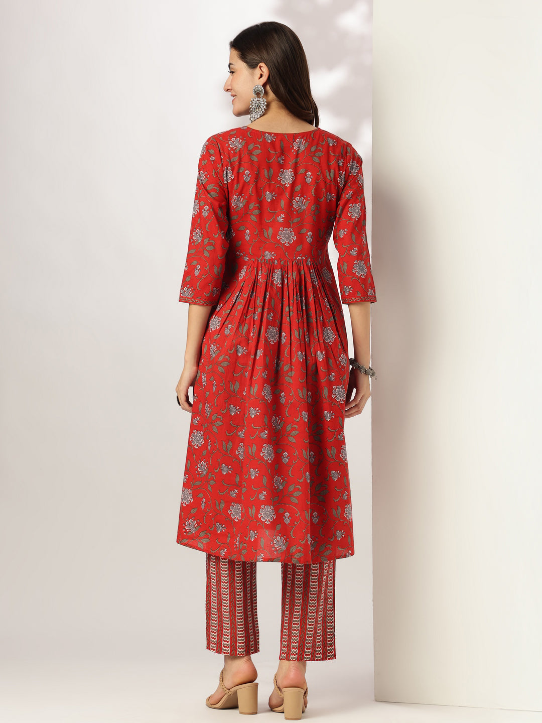 Red Cotton Floral Printed A-line Kurta Pant Set