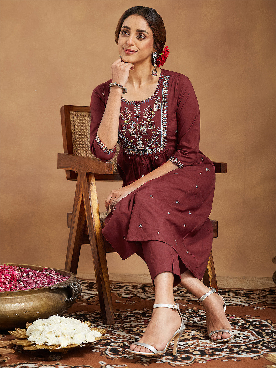 Janasya Women's Maroon Pure Cotton Embroidered A-line Kurta With Pant Set
