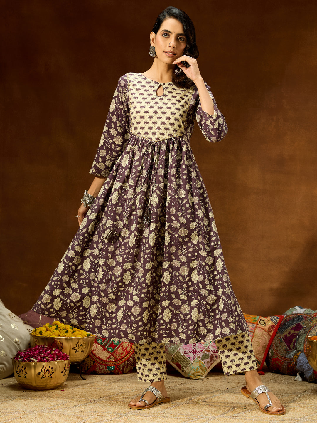 Janasya Women's Purple Pure Cotton Floral Printed A-line Kurta Pant Set