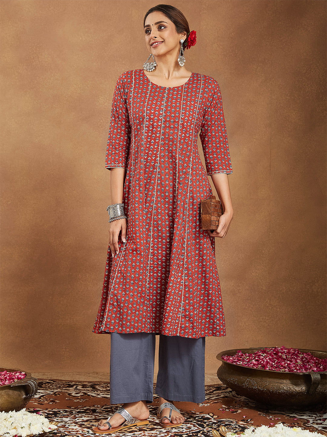 Janasya Women's Red Pure Cotton Floral Printed Anarkali Kurta With Palazzo Set
