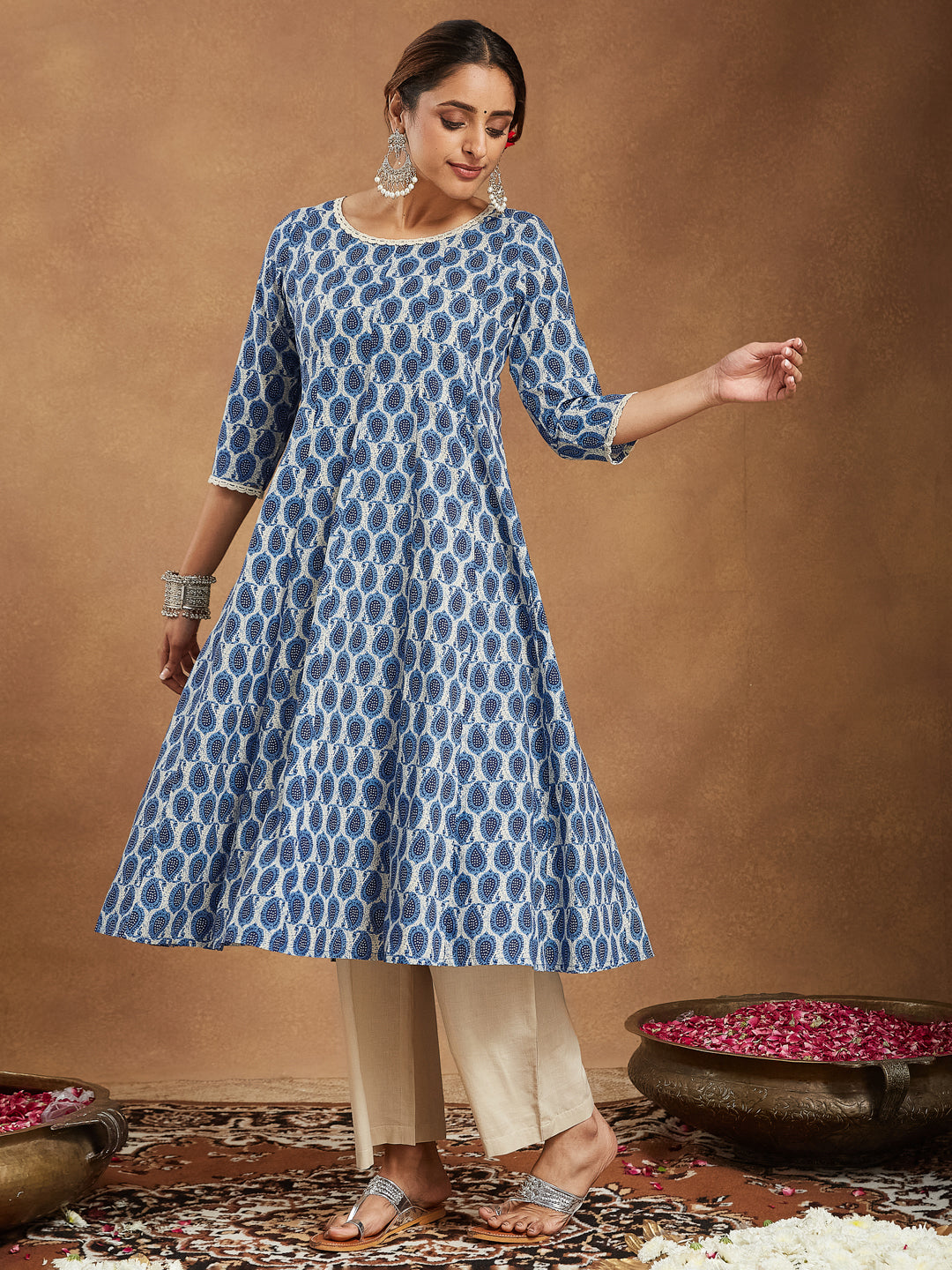 Janasya Women's Indigo Blue & Beige Pure Cotton Paisley Printed Anarkali Kurta Palazzo Set