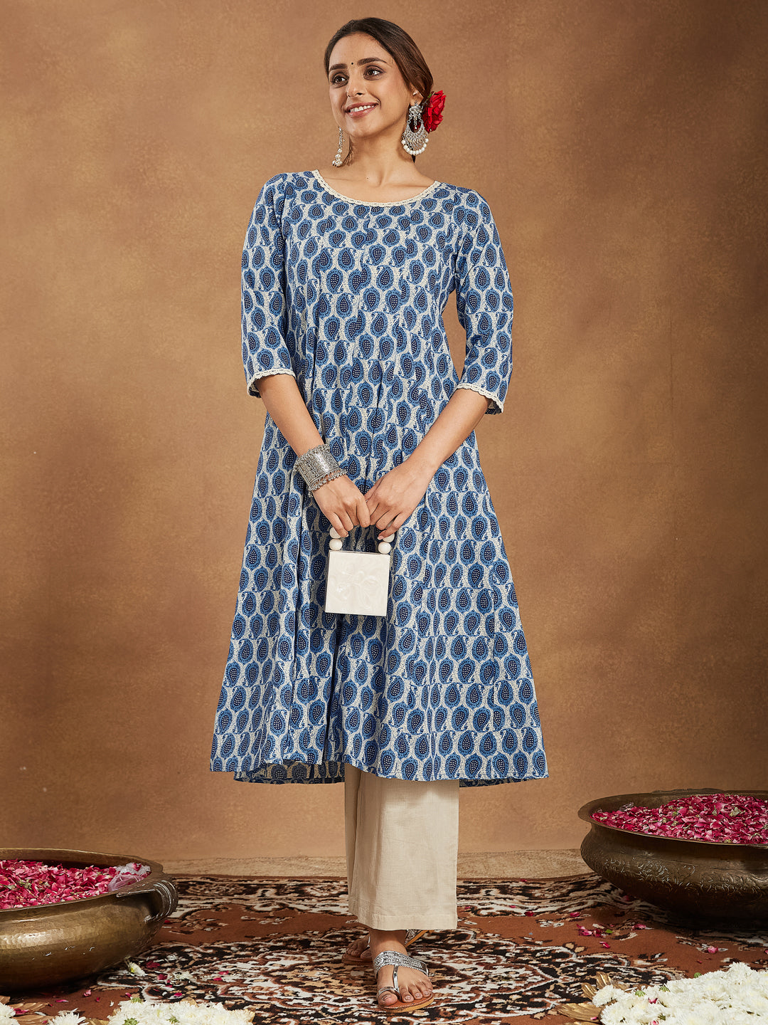 Janasya Women's Indigo Blue & Beige Pure Cotton Paisley Printed Anarkali Kurta Palazzo Set