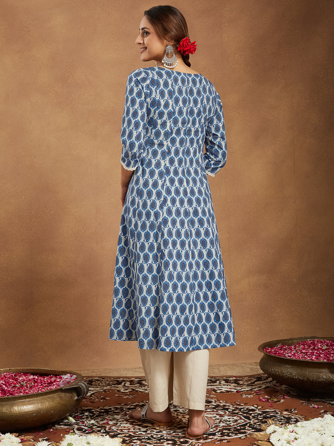 Janasya Women's Indigo Blue & Beige Pure Cotton Paisley Printed Anarkali Kurta Palazzo Set
