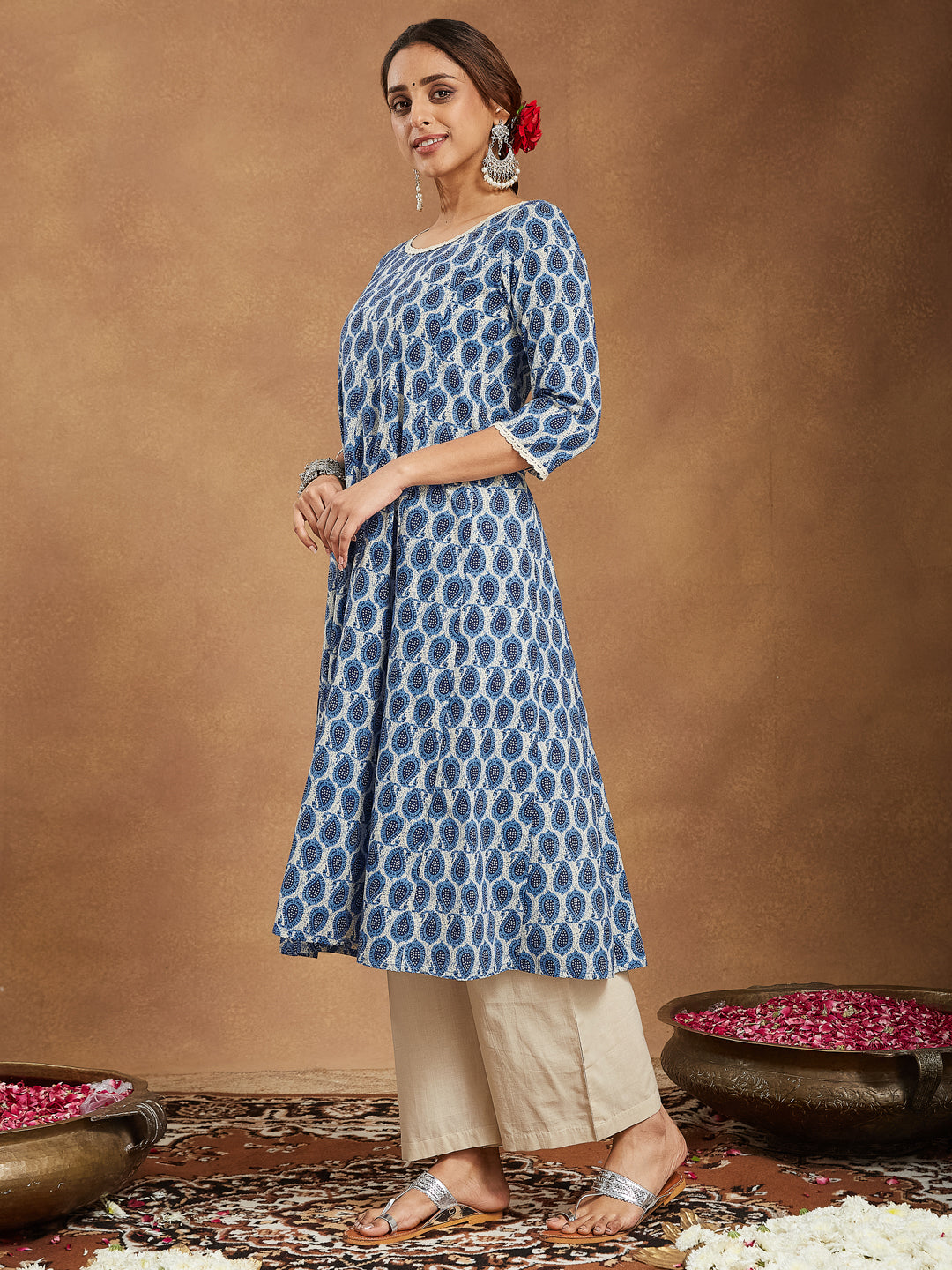 Janasya Women's Indigo Blue & Beige Pure Cotton Paisley Printed Anarkali Kurta Palazzo Set