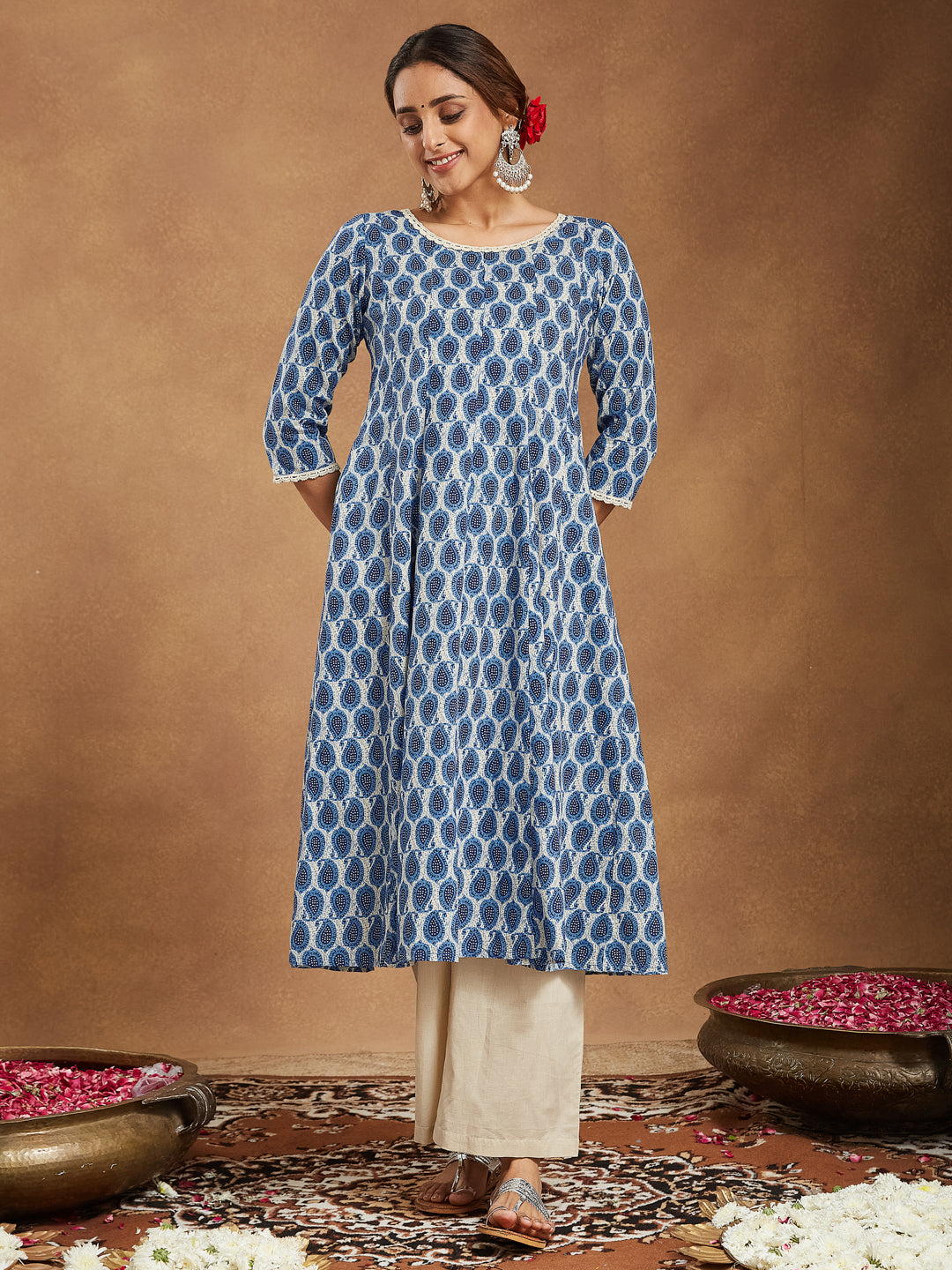 Janasya Women's Indigo Blue & Beige Pure Cotton Paisley Printed Anarkali Kurta Palazzo Set