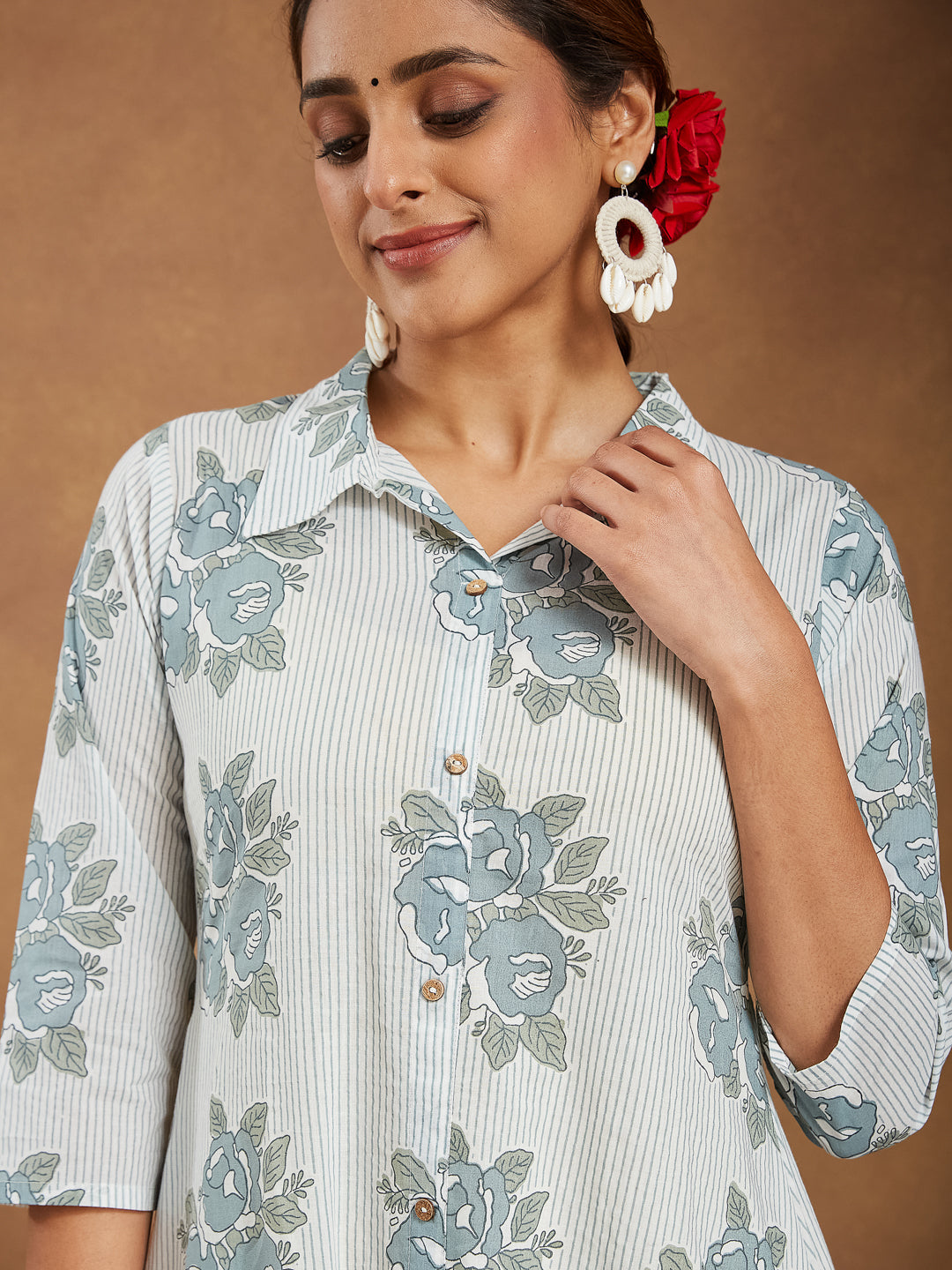 Janasya Women's White Pure Cotton Floral Printed A-line Shirt Style Kurta With Pant Set