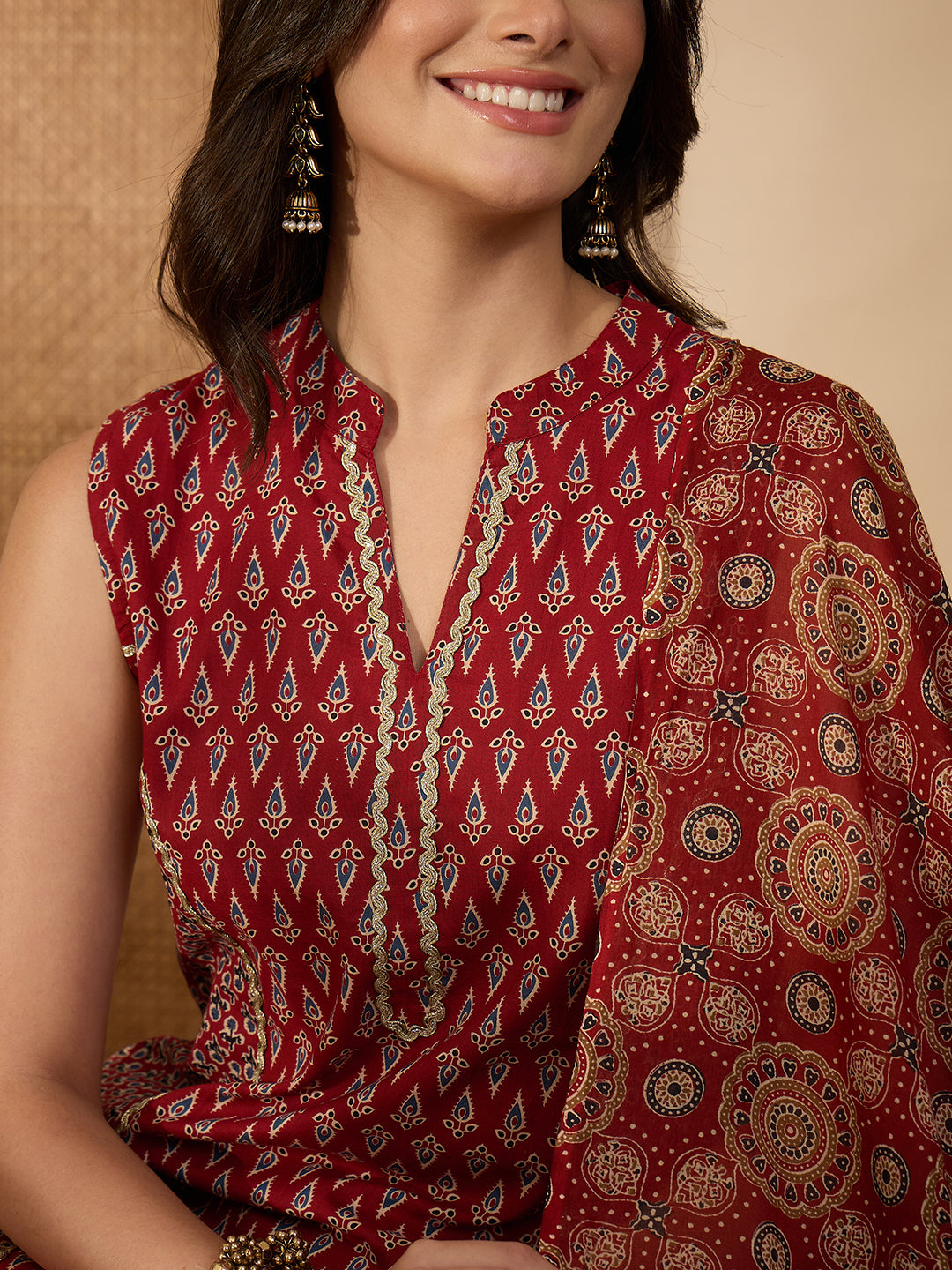 Janasya Women's Maroon Pure Cotton Ethnic Motifs Printed Straight Kurta Pant Set