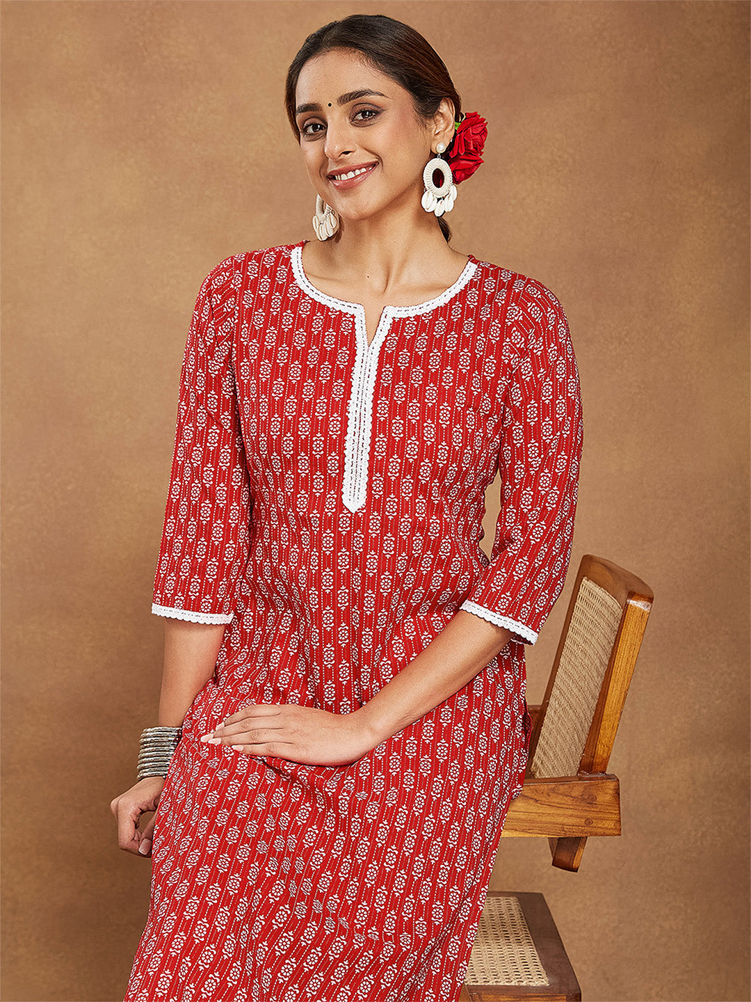 Janasya Women's Red Pure Cotton Ethnic Motifs Printed Straight Kurta Pant Set
