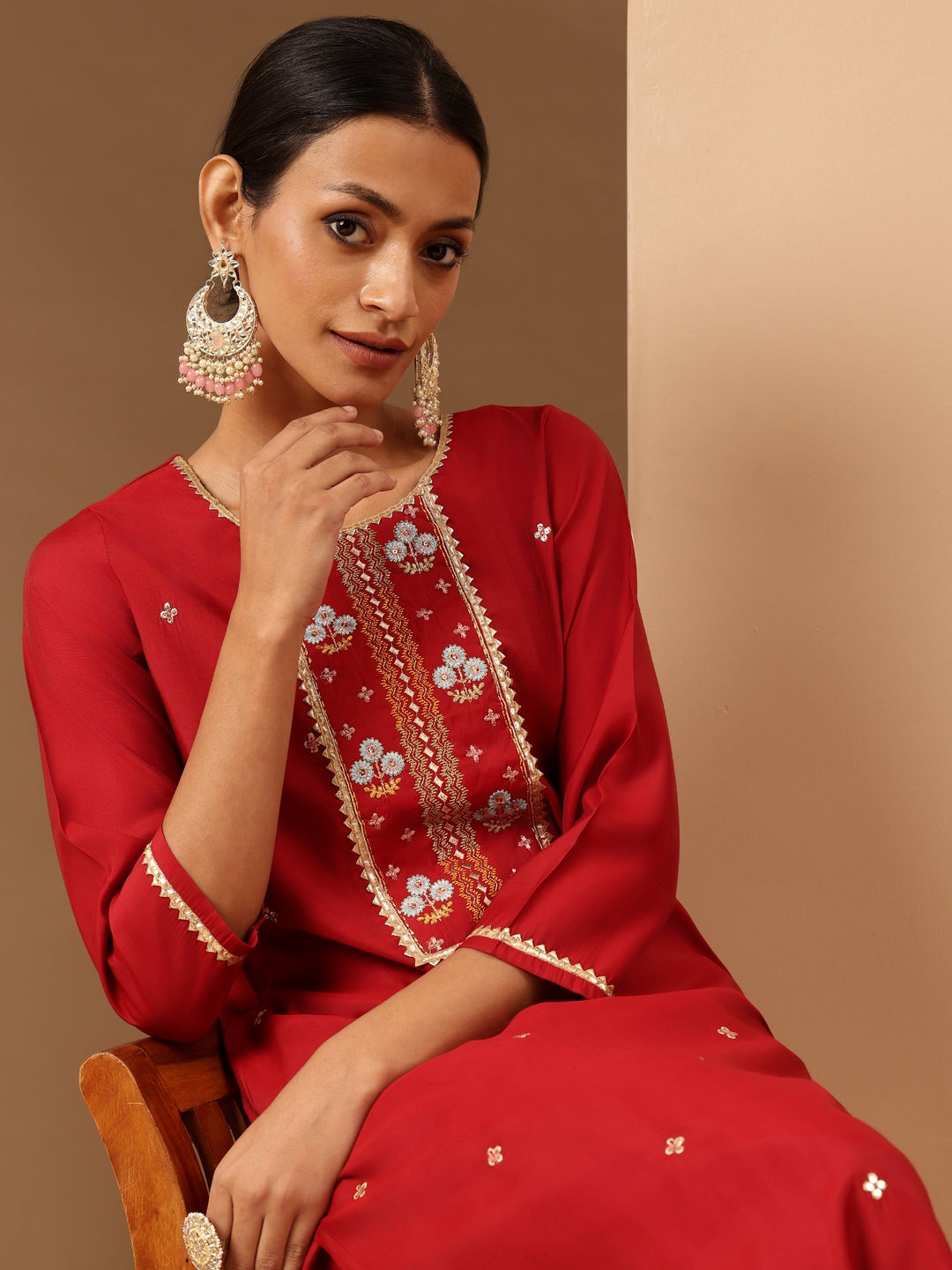 Janasya Women's Red Chanderi Silk Zari Embroidered Straight Kurta Pant Set