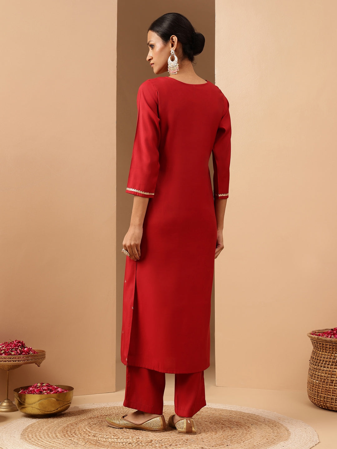 Janasya Women's Red Chanderi Silk Zari Embroidered Straight Kurta Pant Set
