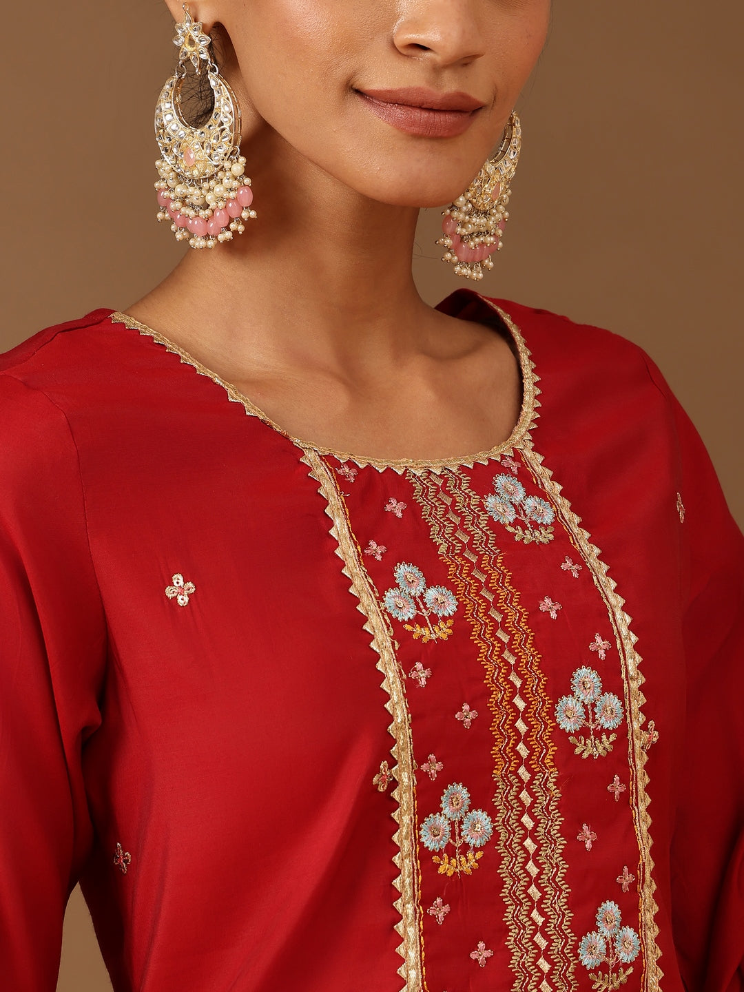 Janasya Women's Red Chanderi Silk Zari Embroidered Straight Kurta Pant Set