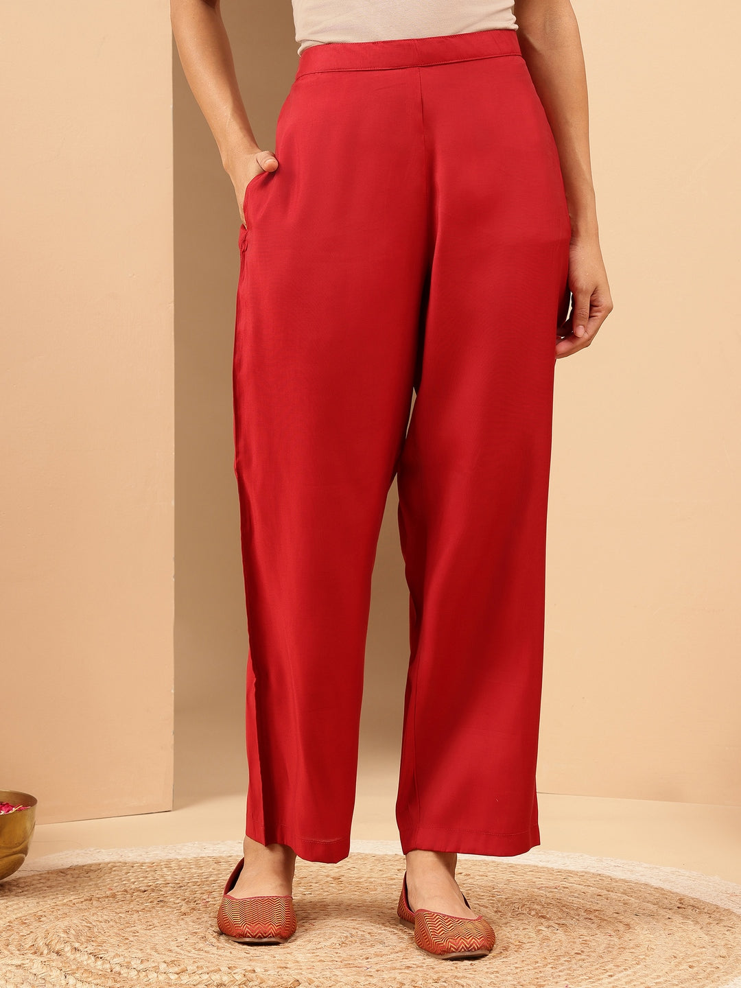 Janasya Women's Red Chanderi Silk Embellished Straight Kurta Pant Set