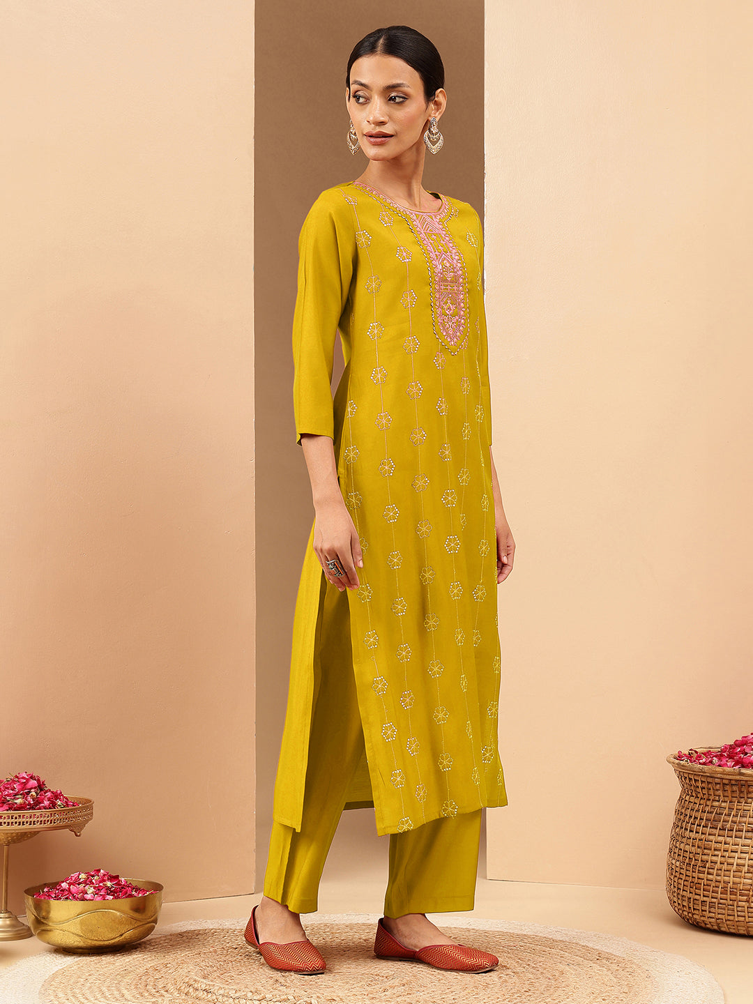 Janasya Women's Mustard Chanderi Silk Embellished Straight Kurta Pant Set
