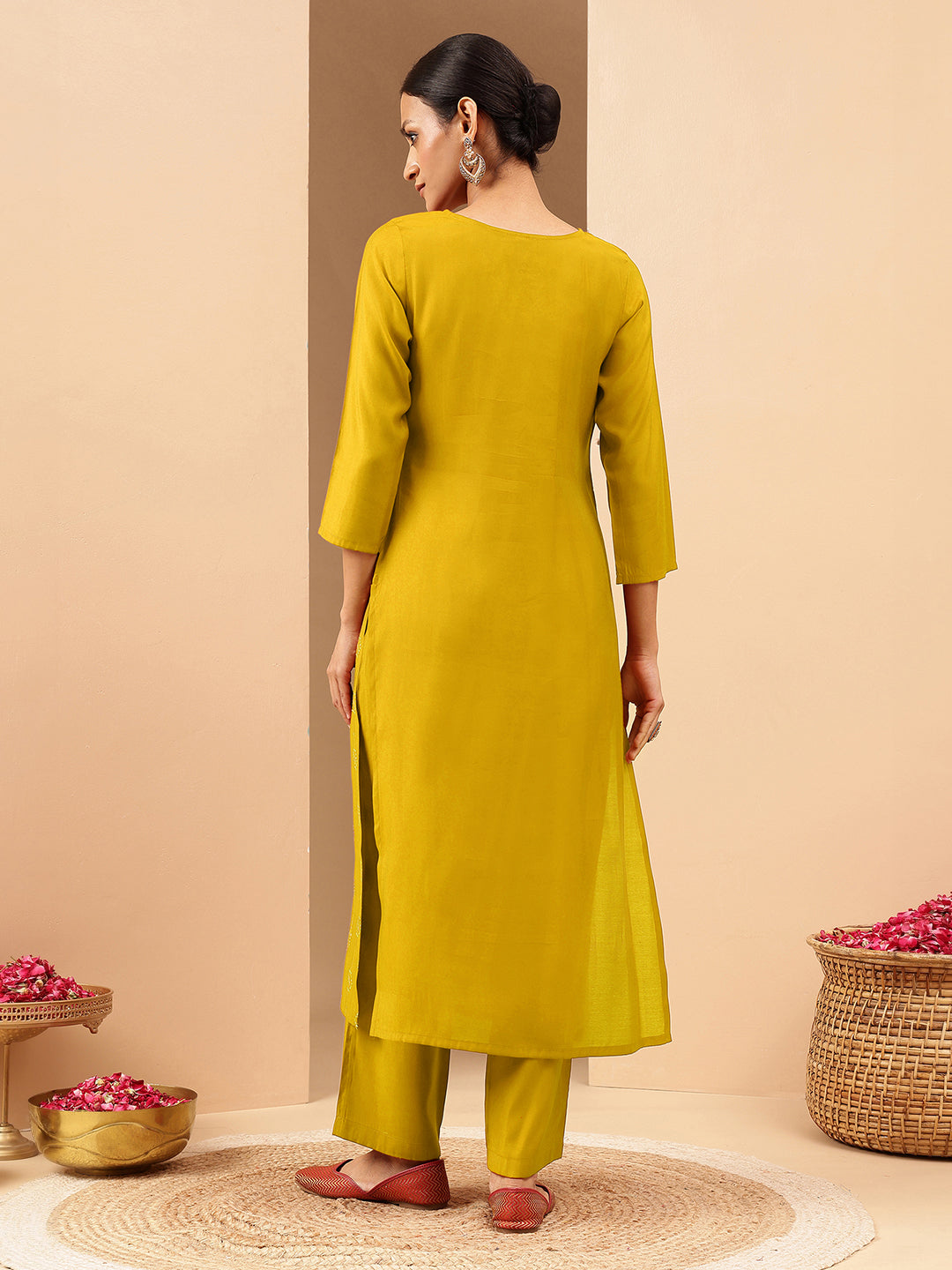 Janasya Women's Mustard Chanderi Silk Embellished Straight Kurta Pant Set