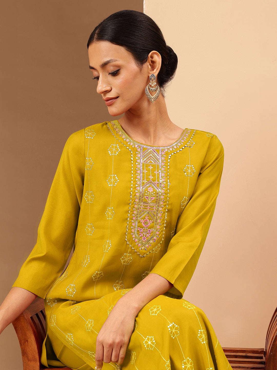 Janasya Women's Mustard Chanderi Silk Embellished Straight Kurta Pant Set