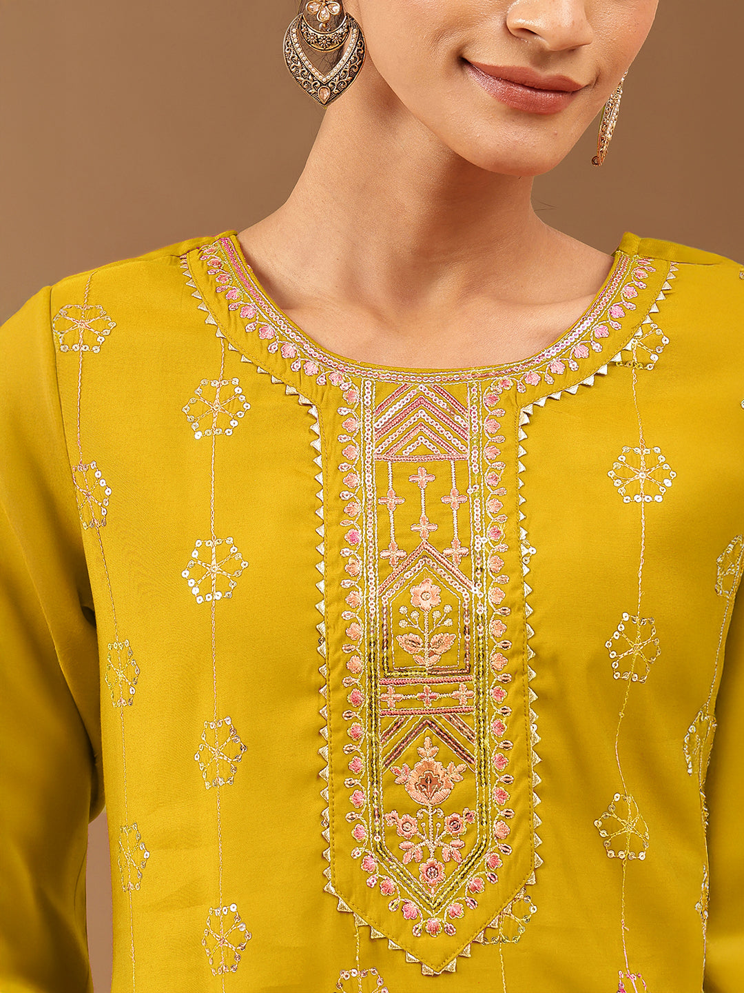Janasya Women's Mustard Chanderi Silk Embellished Straight Kurta Pant Set