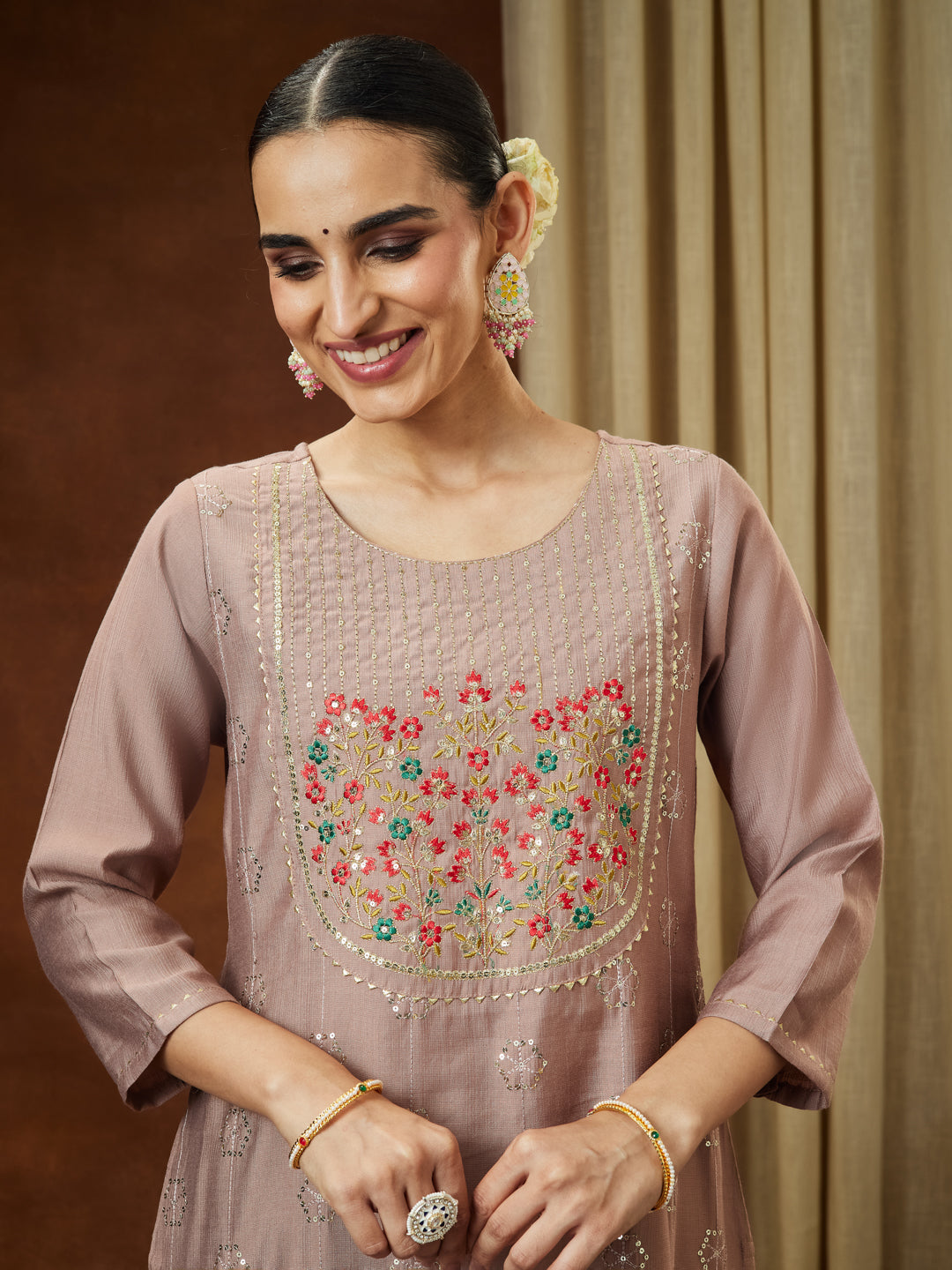 Janasya Women's Brown Silk Blend Zari Embroidered Straight Kurta Pant Set