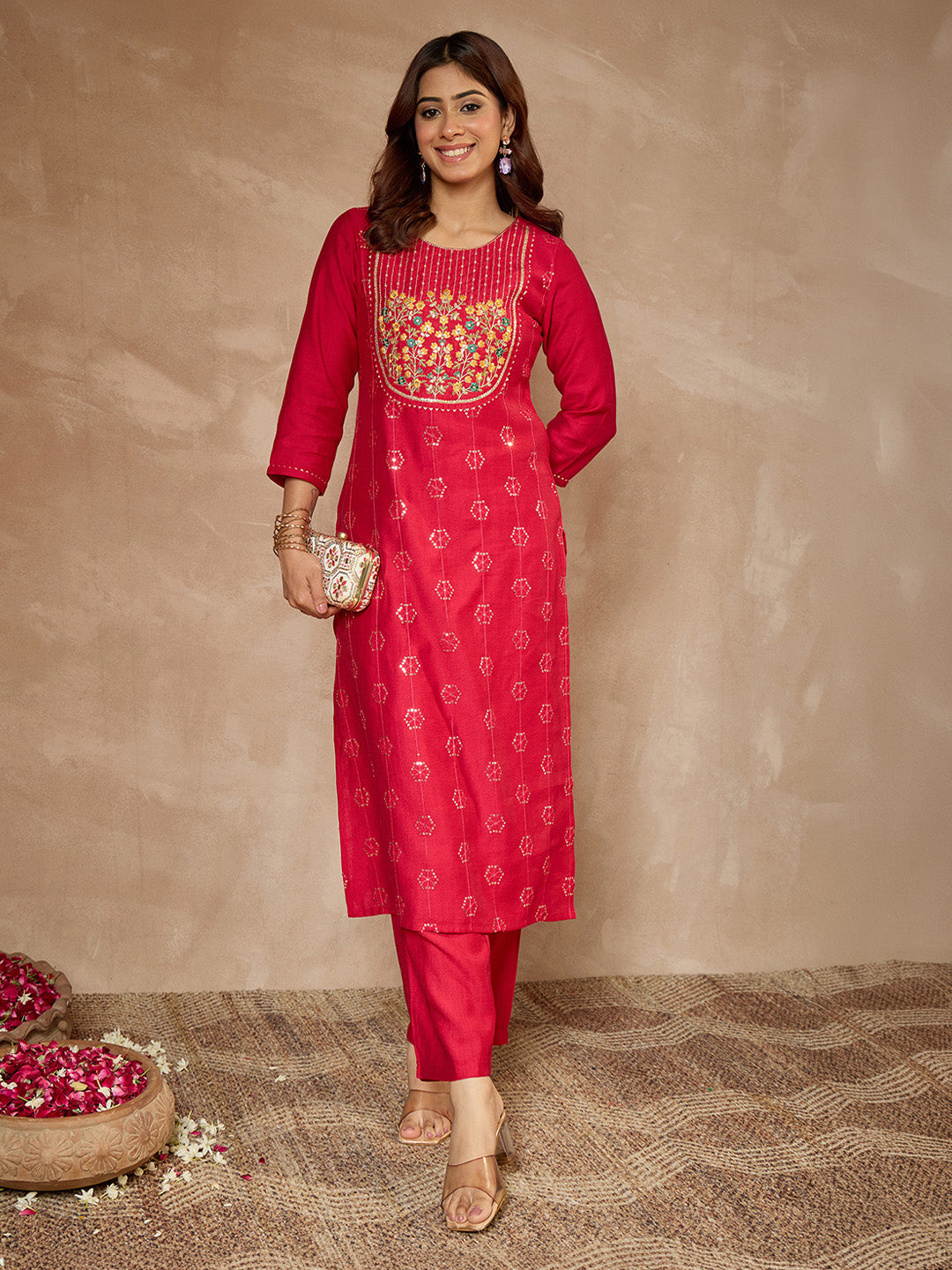 Janasya Women's Pink Silk Blend Embroidered Straight Kurta Pant Set