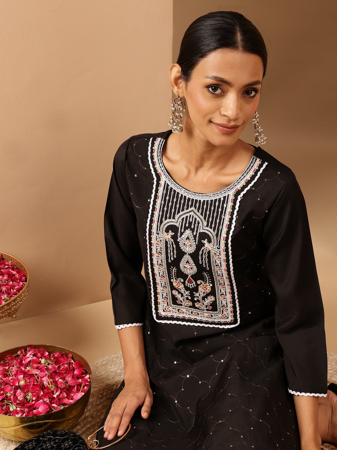 Janasya Women's Black Chanderi Silk Embroidered Straight Kurta Pant Set