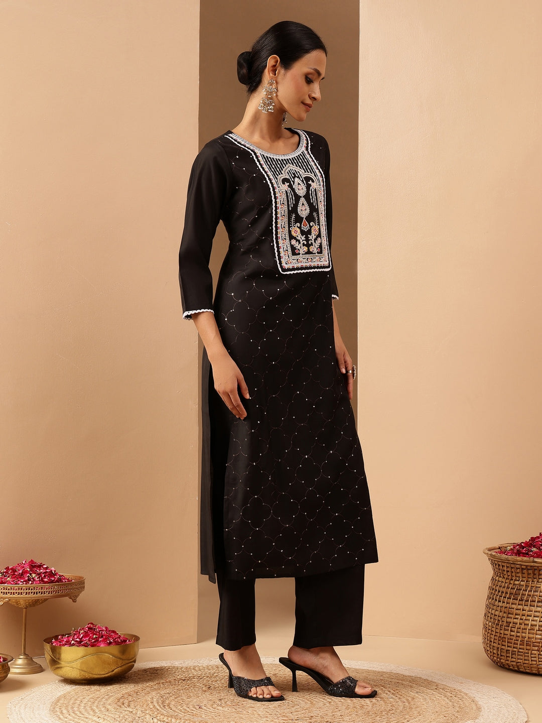 Janasya Women's Black Chanderi Silk Embroidered Straight Kurta Pant Set