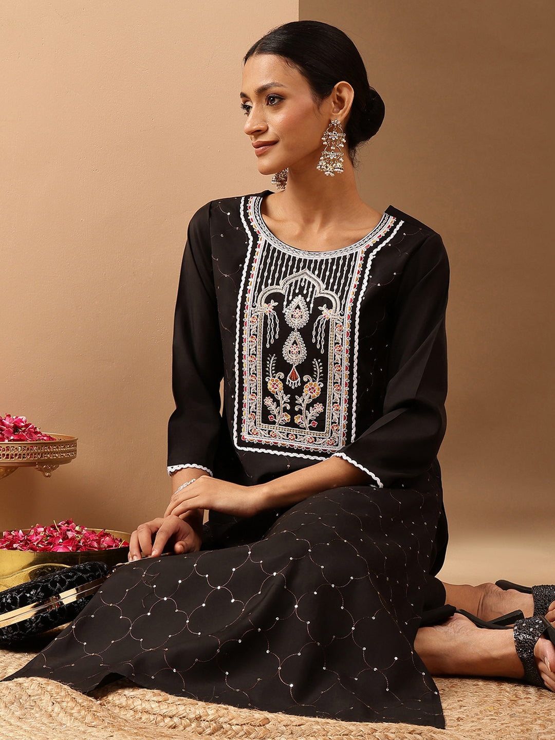 Janasya Women's Black Chanderi Silk Embroidered Straight Kurta Pant Set
