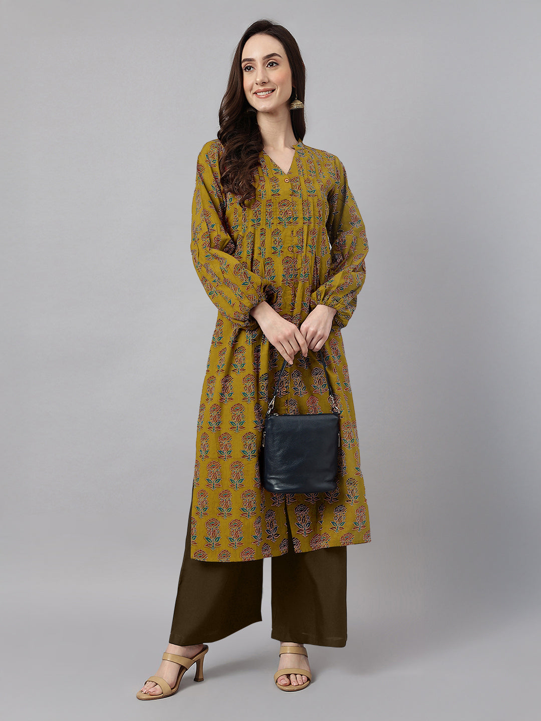 Janasya Women's Mustard Pure Cotton Floral Printed Straight Kurta