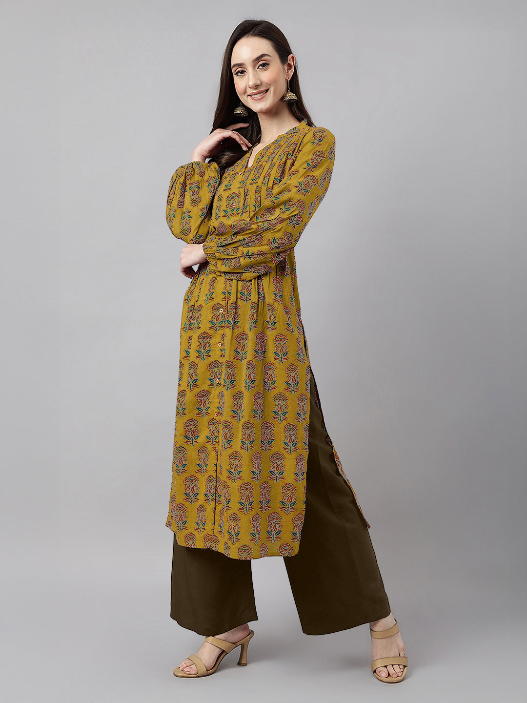 Janasya Women's Mustard Pure Cotton Floral Printed Straight Kurta