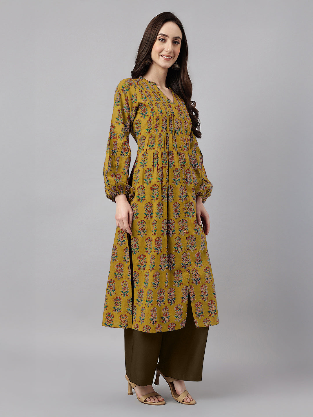 Janasya Women's Mustard Pure Cotton Floral Printed Straight Kurta