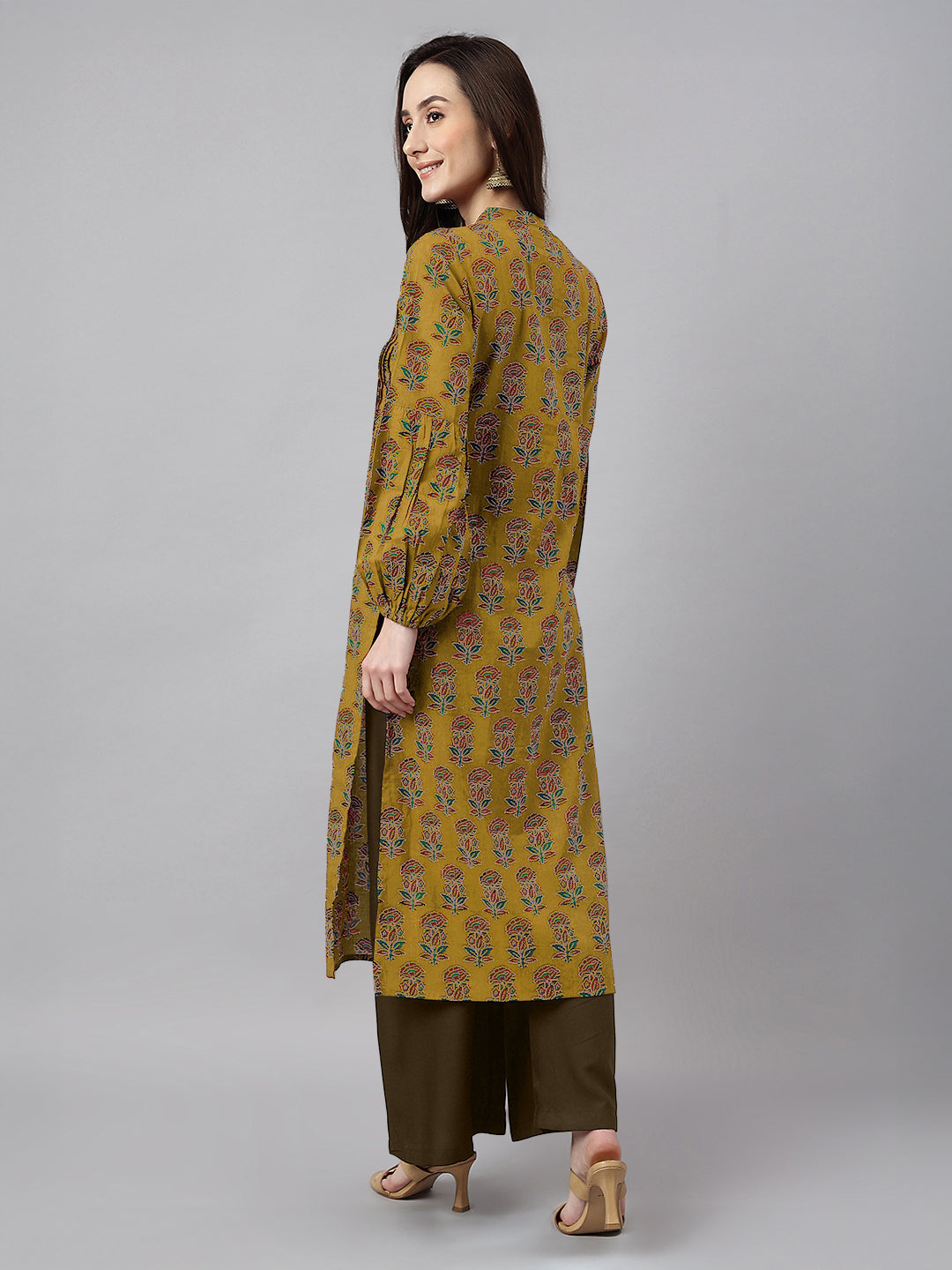 Janasya Women's Mustard Pure Cotton Floral Printed Straight Kurta