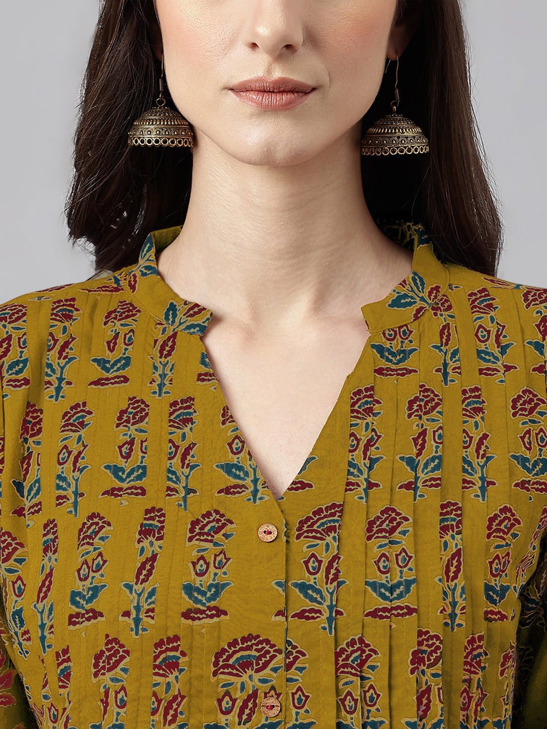 Janasya Women's Mustard Pure Cotton Floral Printed Straight Kurta