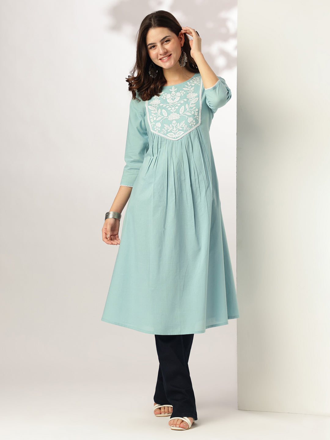 Janasya Women's Light Blue Pure Cotton Yoke Embroidered A-line Kurta