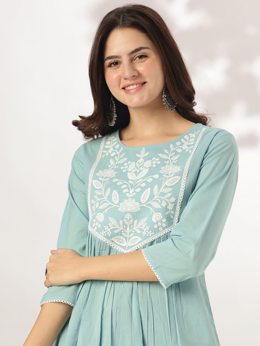Janasya Women's Light Blue Pure Cotton Yoke Embroidered A-line Kurta